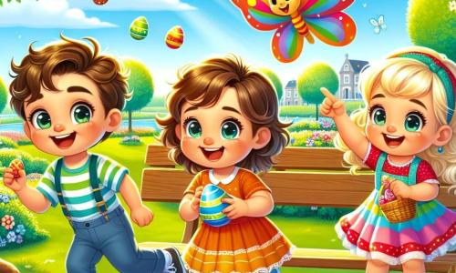 En un parque soleado, tres niños se reúnen para una búsqueda de huevos de Pascua. Nacho, un niño de tres años con cabello rizado y ojos brillantes, sonríe alegremente sosteniendo un huevo de chocolate. A su derecha, Lucas, un niño de tres años con cabello castaño y gafas redondas, se esconde detrás de un banco de madera, listo para mostrar un huevo que ha encontrado. A la izquierda, María, una niña de tres años con coletas rubias y un vestido colorido, señala una mariposa mágica que vuela cerca de ellos. El parque está lleno de flores brillantes, grandes árboles de hojas verdes y un cielo azul claro con nubes blancas esponjosas. Los niños ríen y corren por el parque, buscando huevos escondidos mientras una gran mariposa de alas multicolores los guía hacia un huevo especial colgado de un árbol.