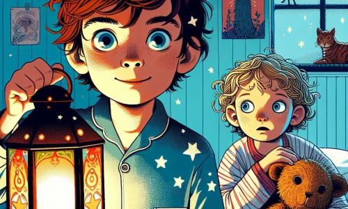 Um menino de 10 anos, Tomás, está no centro da imagem, com cabelos castanhos bagunçados e olhos brilhantes de curiosidade. Ele usa um pijama azul com estrelas brancas e segura uma lanterna colorida que ilumina seu rosto, revelando uma expressão de coragem misturada com leve nervosismo. Ao seu lado, sua irmã Sofia, uma menina de 7 anos com cabelos loiros e cacheados, olha com olhos arregalados, segurando um bichinho de pelúcia nos braços e se aconchegando contra seu irmão. O cenário se passa no quarto deles, com as paredes pintadas de azul claro, decoradas com pôsteres de animais e constelações. A luz da lanterna projeta sombras dançantes nas paredes, criando uma atmosfera mágica e ligeiramente inquietante. A situação principal mostra Tomás e Sofia prontos para enfrentar seus medos, enquanto exploram seu quarto mergulhado na escuridão, iluminado apenas pela suave luz da lanterna, simbolizando sua coragem diante do medo do escuro.