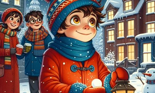 Un niño de 11 años, llamado Tomás, está en el centro de la imagen, con cabello castaño desordenado y ojos llenos de curiosidad. Lleva un abrigo rojo brillante, un gorro de lana azul y guantes a juego, sosteniendo una linterna decorada con dibujos de estrellas. Su rostro expresa asombro y alegría mientras observa los copos de nieve caer a su alrededor. A su lado, su madre, una mujer de unos 35 años con cabello castaño y una bufanda colorida, sonríe tiernamente a Tomás, sosteniendo una taza de chocolate caliente. En el fondo, un amigo de Tomás, Luis, también de 11 años, con gafas y cabello negro, se divierte haciendo un muñeco de nieve. El lugar es una calle pintoresca de un pequeño pueblo, con casas de madera cubiertas de nieve y adornadas con luces brillantes. La escena muestra a Tomás y sus amigos disfrutando de la magia del invierno, celebrando la Noche de las Linternas, rodeados de nieve y risas en el aire fresco y puro del invierno.