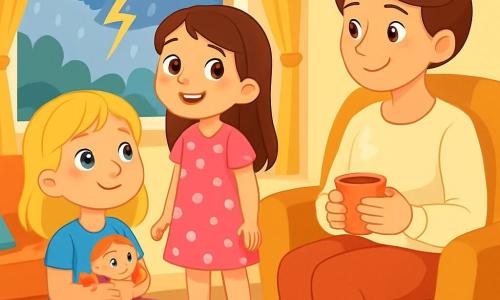 Există 3 personaje: Mara, o fetiță de 7 ani cu părul blond și ochii strălucitori, îmbrăcată cu un tricou albastru și o pereche de pantaloni scurți roz, stând cu picioarele încrucișate pe podea și ținând o păpușă mică; Ilinca, o fetiță de 6 ani cu părul brun și ochii jucăuși, îmbrăcată cu o rochie roz cu buline albe și sandale galbene, stând în picioare lângă Mara, zâmbind și uitându-se pe fereastră; mama Marei, o femeie de aproximativ 30 de ani cu părul castaniu prins în coc și purtând un pulover moale de culoare crem, stând pe un fotoliu lângă fete, ținând o cană cu ceai cald și privindu-le cu dragoste. Scena se desfășoară într-o cameră luminoasă și călduroasă, cu o canapea mare și pufoasă, perne colorate împrăștiate în jur și o fereastră prin care se văd nori gri și fulgere în depărtare. Jucăriile sunt împrăștiate pe podea, iar o lumină blândă pătrunde prin fereastră, creând o atmosferă primitoare în ciuda furtunii de afară. Situația principală arată cele trei personaje reunite, în timp ce o furtună răsună afară. Mara și Ilinca, puțin speriate, se uită pe fereastră, în timp ce mama lor le liniștește cu un zâmbet călduros, explicându-le că sunetele furtunii nu sunt periculoase.