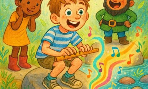 Een enthousiaste 10-jarige jongen blaast in een oude houten fluit die begint te zingen; hij heeft lichtbruin warrig haar, grote groene ogen, sproetjes, een blauw-wit gestreept T-shirt, kaki short en moddersneakers, gehurkt op een platte steen aan de rivier. Achter hem links staat een nieuwsgierig glimlachend meisje van ongeveer 9 jaar met bruin paardenstaartje, een mosterdgeel jurkje en rode laarsjes, zacht klappend en met het hoofd schuin om beter te luisteren. Op een nabije steen staat een vrolijke, mollige kabouter met baard, rood puntmutsje en groene jas, handen in de zij, lachend van plezier. De rivier bestaat uit glanzende meerkleurige keien die als parels fonkelen en kleine lichtgolvende noten uitzenden; fosforescerende planten langs de oever, doorschijnende bladeren in de lucht en kleine muzikale bubbels rijzen op. Het magische moment toont gekleurde klanklijnen uit de fluit, trillende en fonkelende stenen en kleine vogels die cirkelen, in een warme, humoristische fantasy-sfeer. Stijl: 2D-cartoon, felle contrasterende kleuren, zachte lijnen, licht krijtachtige textuur, dynamische, kindvriendelijke compositie.
