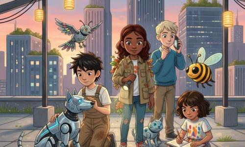 Auf dem Dach einer Bibliothek in einer futuristischen Stadt versammeln sich vier Kinder um verlorene Robotertiere: Amelia, etwa 10, mit khakifarbener Jacke und Taschen voller Blätter und einem Notizbuch hält eine Taschenlampe und streichelt einen schnurrenden Roboterkater an ihren Knien; Luka, etwa 10, mit zerzausten schwarzen Haaren und ölverschmierter Latzhose kniet links und berührt sanft die metallische Schnauze eines silbernen Roboterhundes mit polierten Platten und blauen LED-Augen; Mina, etwa 9, mit lockigem Pony und farbfleckigem Kleid sitzt rechts und zeichnet in ein Skizzenbuch, während über ihr eine rundliche gelb-schwarze Roboterbiene mit durchscheinenden Solarflügeln blinkt; Jonah, etwa 11, trägt einen blauen Pullover, hält ein kleines elektronisches Gerät und lauscht einem Signal, neben ihm sitzt ein kleiner Roboter vogel mit mehrfarbigen LED-Federn auf dem Dachrand. Die Szene ist warm und ruhig, mit sanftem Licht, kontrastiertem Metallglanz und natürlichen Pflanzentexturen, Zentrierung auf fürsorgliche Gesten.