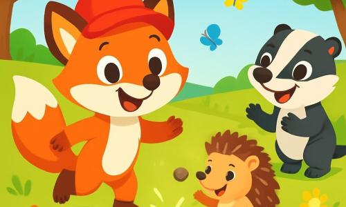 Freddy the Fox, a young fox with bright red fur and a bushy tail, smiles joyfully while wearing a bright red hat. He is playing with friends in a green field, his eyes sparkling with happiness. Next to him, Lily the Hedgehog, with her back covered in brown spines and curious little eyes, laughs as she throws a stone into the lake. A little further away, Benji the Badger, with his black and white fur and wide smile, claps while watching Freddy. The setting is a vast sunny field dotted with colorful flowers and surrounded by majestic trees. In the distance, a lake sparkles under the sun, and butterflies dance in the air. The main scene shows Freddy and his friends having fun together, laughing and playing a stone-throwing game, creating joyful splashes in the lake.