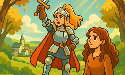 A knightess, Elysia, stands proudly on a rocky promontory, her armor shimmering in the sunlight with silver and gold reflections. Her face is determined, her eyes shining with hope and courage as she confidently brandishes her sword. Beside her, Anwen, a 20-year-old woman with long, curly hair, looks at Elysia with admiration, her features marked by worry but also determination. They are in a vast green clearing surrounded by majestic trees with golden leaves, where rays of light break through the foliage. In the distance, the village of Caerwyn can be seen, with its stone houses and green fields, signifying the rebirth of life. The scene captures the moment Elysia prepares to confront the evil sorcerer, an aura of magic and tension hanging in the air as a light breeze makes the grasses dance around them.
