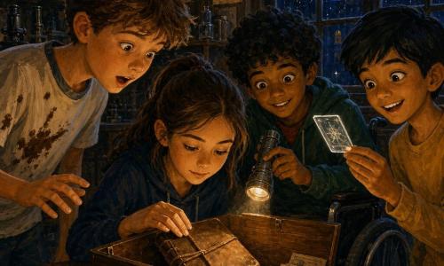 Vier kinderen ontdekken 's nachts samen de inhoud van een kleine houten kist in een oud schoollaboratorium: Mila (ongeveer 11) met glad bruin haar in een staart, gehurkt vooraan met vingers op een oud leren notitieboek; Bram (±11) met warrig kastanjebruin haar en chocoladevlekken op zijn t‑shirt, links voorovergebogen en verbaasd; Noor (±10) met kort zwart haar rechts, die een doorzichtig plaatje tegen het licht houdt en glimlacht; Ravi (±12) met krullend zwart haar in een handbewogen rolstoel achter de kist, met een oude metalen zaklamp gericht op de kist. In de kist liggen het leren boek, een metalen medaille met een ster en stapels kaarten; de warme lamplichtgloed benadrukt houtnerf, vergeelde bladzijden en metalen glans, terwijl het schemerige laboratorium met houten wanden, stoffige microscopen en hoge ramen naar een sterrenhemel en regendruppels op het glas sluimerende, warme ocertinten en koude nachtblauwe accenten toont.