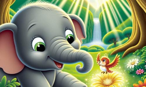 Un elefante di nome Elio, con una pelle grigia morbida e grandi orecchie arrotondate, si trova al centro della scena, mostrando un ampio sorriso di felicità e meraviglia. I suoi occhi brillano di curiosità mentre usa la sua lunga proboscide per toccare delicatamente un magnifico Fiore dei Sogni, un fiore dai petali dorati scintillanti, che brilla alla luce del sole. Accanto a lui, un piccolo uccello di nome Pip, un pettirosso con un piumaggio vivace e occhi vivaci, vola gioiosamente attorno a Elio, cantando con entusiasmo. Pip punta il becco verso il Fiore dei Sogni, esprimendo la sua gioia e la sua eccitazione. La scena si svolge in una valle incantata, circondata da colline verdi e fiori colorati. Raggi di sole filtrano attraverso gli alberi maestosi, creando un gioco di ombre e luci sul terreno coperto di morbido prato. Cascate scintillanti si trovano sullo sfondo, aggiungendo un tocco di magia all'ambiente. La situazione principale mostra Elio e Pip che scoprono insieme il Fiore dei Sogni, un momento di pura meraviglia e felicità condivisa, simbolo dell'amicizia e della magia della natura.