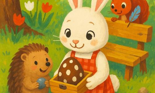 Lila, una pequeña coneja blanca de largas orejas rosadas y ojos brillantes, sonríe concentrada sosteniendo una caja de madera abierta con un gran huevo de chocolate con lunares blancos; lleva un delantal de cuadros rojos y tiene patas ligeramente sucias; Pipo, un erizo redondo de pelaje marrón y púas suaves, sentado a la izquierda, observa la caja con alegría y sostiene una piedra brillante; Nona, una ardillita roja de cola esponjosa, mira por encima del hombro de Lila desde el borde del banco sosteniendo una pluma; jardín primaveral con césped verde, tulipanes rojos y blancos, banco de madera ocre, árbol con raíces visibles y montículo de tierra, luz dorada de la mañana; escena cálida y tranquila de amigos descubriendo juntos un tesoro de Pascua, colores vivos y textura de pintura acrílica.