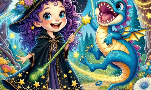 En el centro de la imagen, Lila, una joven bruja de 10 años, sonríe con alegría. Tiene el cabello rizado y violeta, ojos brillantes como estrellas y lleva un vestido negro adornado con estrellas doradas. En su mano sostiene una varita mágica verde brillante, lista para lanzar un hechizo divertido. A su lado, un pequeño dragón azul, con escamas brillantes y alas delicadas, gira en el aire riendo con entusiasmo. En el fondo, se ve un bosque encantado con árboles retorcidos y hojas multicolores que bailan al viento. Flores cantantes con pétalos brillantes añaden un ambiente alegre y luminoso. La escena principal muestra a Lila lanzando un hechizo, rodeada de risas y magia, mientras el dragón realiza acrobacias en el aire, creando una atmósfera festiva y feliz.