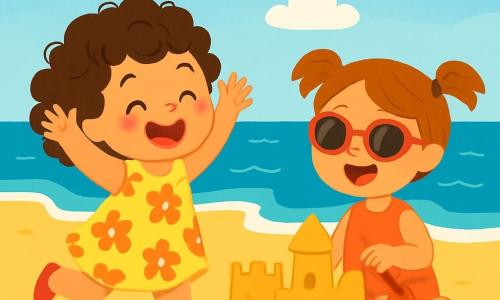 Una bambina di 2 anni, Sofia, con bellissimi capelli ricci e un grande sorriso gioioso, gioca sulla spiaggia con un secchiello rosso. Indossa un bel vestito a fiori e le sue guance sono arrossate dal sole. Accanto a lei, Emma, un'altra bambina di 3 anni con due codini e occhiali da sole, costruisce un castello di sabbia, ridendo e divertendosi. La scena si svolge su una spiaggia soleggiata, con onde dolci che lambiscono la riva, conchiglie sparse sulla sabbia dorata e un cielo blu punteggiato di nuvole bianche. Sofia, eccitata, corre verso Emma alzando le braccia, pronta a condividere il suo secchiello e costruire insieme il castello di sabbia più grande del mondo.
