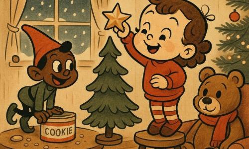 Die zweijährige Lina, fröhlich mit lockigem braunem Haar, rotem Pullover und gestreiften Strumpfhosen, steht auf einem kleinen Holzschemel und setzt einen goldenen Stern auf einen Mini-Weihnachtsbaum; der schelmische Wichteljunge Flips mit rotem Zipfelhut und grüner Tunika sitzt nahe einer Keksdose auf dem Tisch und lacht sie an; ein großer brauner Teddybär mit rotem Schal sitzt im Sessel neben dem Baum wie ein sanfter Großvater; das warme Wohnzimmer mit hellem Holzboden, Lichterketten, Papiergirlanden und Keksbröseln auf dem Tisch, draußen fällt Schnee — eine rührend-komische Szene, in der Lina den letzten Stern anbringt und die funkelnde, gemütliche Weihnachtsstimmung herrscht.