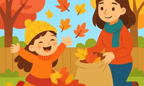 Ein 4-jähriges Mädchen mit langen braunen Haaren und rosigen Wangen springt fröhlich in einen großen Haufen Herbstblätter. Sie trägt einen leuchtend orangefarbenen Pullover und eine gelbe Wollmütze, und ihr strahlendes Lächeln zeigt ihre Freude. Neben ihr sammelt ihre Mama, eine etwa 30-jährige Frau mit braunen Haaren und einem sanften Lächeln, Blätter mit einer großen Stofftasche. Sie befinden sich in einem sonnigen Garten, umgeben von Bäumen mit roten, gelben und orangefarbenen Blättern, unter einem hellblauen Himmel. Die Szene zeigt das Mädchen, das lacht und Blätter in die Luft wirft, während ihre Mama sie liebevoll beobachtet, was eine warme und fröhliche Atmosphäre eines schönen Herbsttages schafft.