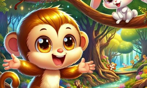 Um pequeno macaco chamado Mico, com um pelo dourado brilhante e um grande sorriso alegre, está pendurado em um galho de árvore, com os braços abertos, expressando grande excitação e determinação. Ao seu lado, sua melhor amiga, Lili, uma coelhinha vaidosa com grandes orelhas brancas, está sentada em um galho, olhando para Mico com admiração, seus olhos brilhando de entusiasmo. Ao fundo, a floresta mágica é cheia de cores vivas, com árvores majestosas de troncos grossos, flores deslumbrantes de todas as tonalidades e um riacho cintilante que serpenteia pela paisagem. A cena principal mostra Mico e Lili se preparando para uma aventura, cercados por seus amigos animais, todos unidos para salvar a floresta, com um ar de camaradagem e excitação palpável no ar.