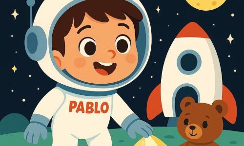 Un joven llamado Pablo, con cabello castaño y ojos llenos de curiosidad, lleva un casco de astronauta y una sonrisa maravillada. Se encuentra afuera de su pequeña nave espacial blanca, sobre un suelo suave y frío de un planeta verde. A su lado, su fiel osito de peluche, con pelaje marrón y ojos redondos, parece animarlo en su aventura. El cielo es de un negro profundo, salpicado de estrellas brillantes como diamantes, y la luna brilla a lo lejos, añadiendo un toque mágico a la escena. Pablo, con un aire alegre, mira a su alrededor, asombrado por la belleza del espacio. La escena principal muestra a Pablo explorando este nuevo mundo, tocando una piedra brillante y preparándose para descubrir las maravillas del universo.