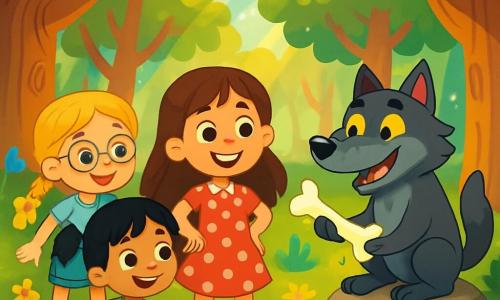 There are 4 characters: Lila: an 8-year-old girl with long brown hair and sparkling eyes, wearing a red polka dot dress, standing in the center, smiling and brave. Mia: a 7-year-old girl with braided blonde hair and round glasses, wearing a blue t-shirt and denim shorts, looking at the wolf with curiosity, slightly to the left. Zoe: an 8-year-old girl with black hair in pigtails, wearing a green t-shirt and a floral skirt, standing to the right of Lila, ready to step forward. The Big Bad Wolf: a dark gray wolf with bright yellow eyes and a mischievous smile, sitting on a rock slightly back, holding a shiny bone in his paws. The setting is an enchanted clearing in the heart of the Whispering Woods, surrounded by tall trees with gnarled trunks and vibrant green leaves. Colorful flowers dance in the wind, and rays of sunlight filter through the branches, creating golden patterns on the ground. The main situation shows the girls and the wolf laughing together after finding the shiny bone. The girls are joyful and curious, while the wolf, with a friendly look, gazes at them with gratitude. The atmosphere is filled with magic and friendship, illustrating a moment of discovery and bravery.