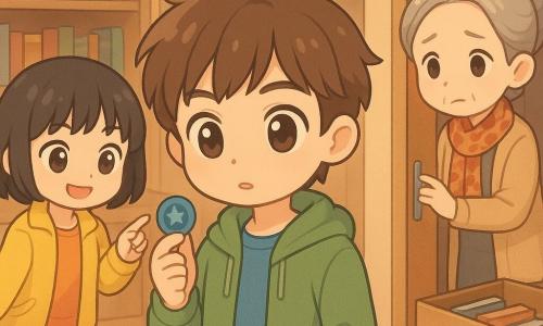 A 12-year-old boy (Theo) stands center, focused and curious, tousled brown hair, blue T‑shirt and green hoodie, holding a small blue plastic badge; an 11-year-old girl (Mina) to the left, smiling with short black hair and a yellow jacket, points at a small gray wheel on a shelf; a woman of about 50 (Mrs. Dalloway) to the right, silver hair in a bun and patterned scarf, looks worried but relieved as she holds open a closet revealing a cardboard donation box with books; background: cozy small library with wooden shelves of colorful books, a cream rug with a pale square mark, a low counter and a slightly open metal storage door; scene: peaceful discovery—soft light, pastel tones, gentle expressions and dynamic poses as they examine clues near the closet (badge, wheel, floor marks) suggesting a resolved mystery.