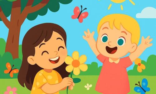 There are 2 main characters: - Mila: a 4-year-old girl with long brown hair and sparkling eyes. She wears a yellow polka dot dress and is sitting on the grass, holding a beautiful yellow flower in her hands. - Lucy: a 4-year-old girl with braided blonde hair and blue eyes. She wears a pink dress and stands next to Mila, joyfully smiling and raising her arms in the air. The main setting is a sunny garden filled with colorful flowers and lush greenery. Butterflies dance around the flowers, and a large shady tree stands in the background, its shiny leaves sparkling in the sun. The main situation shows Mila and Lucy sharing a moment of joy. Mila, with a big smile, admires the yellow flower she received from Lucy, while Lucy laughs and claps, surrounded by the beauty of the garden. The two little girls appear radiant with happiness, their faces illuminated by sunlight.