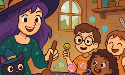 A joyful witch named Mira, with long wavy purple hair, wears an emerald green velvet dress adorned with small sparkling stars. She smiles with mischievous sparkling eyes, holding a wooden spoon over a large bubbling cauldron. Beside her, a black cat named Nimbus, wearing a captain's hat, curiously watches the potion with its round, bright eyes. In the background, three friends are visible: Finn, a 10-year-old boy with round glasses and a striped t-shirt, holding a small golden key; Poppy, a 9-year-old girl with curly hair in a colorful dress, making shimmering soap bubbles; and Lolo, an 8-year-old girl with a radiant smile, joyfully dancing while holding a feather. The scene takes place in a charming wooden cabin filled with colorful jars, old books, and climbing plants, with rays of light filtering through the windows. In the center, the cauldron emits multicolored bubbles and laughter, while the potion seems to come to life, ready to burst with joy.