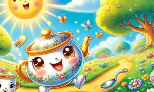 In the center of the image, a cheerful little teapot named Tommy, with a round and shiny body and a sparkling golden spout under the sun, expresses great excitement with a wide smile. He is joyfully hopping on a flower-filled path, surrounded by colorful flowers and fluttering butterflies. To his right, Clara, an adorable porcelain cup with floral patterns, smiles in wonder, her eyes sparkling with joy. She holds a small bouquet of flowers in her hands, ready to give them to her friends. To the left, Sammy, a friendly silver spoon, looks on with curiosity, his round eyes shining with enthusiasm. He is pointing towards a mysterious path leading to a sparkling door hidden behind bushes. The setting is a beautiful sunny field, dotted with multicolored flowers, under a bright blue sky, with majestic trees in the background. A gentle breeze makes the leaves and flowers dance, creating a magical atmosphere. The main scene shows Tommy and his friends discovering a mysterious door adorned with precious stones, illuminated by a magical glow, as they prepare to enter a world of adventure and wonders.