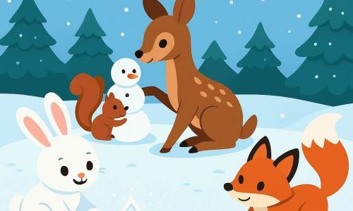 A curious little rabbit named Remy, with fluffy white fur and sparkling joyful eyes, is tracing a sparkling star with sugar on the snow. Next to him, Dahlia, a graceful doe with large gentle eyes and spotted brown fur, delicately creates a Christmas tree out of sugar. Behind them, Benny the squirrel, with his bushy tail and mischievous smile, adds a sugar snowman. Lily the fox, with her fiery red fur and mischievous eyes, is drawing delicate snowflakes. The scene unfolds in a snowy clearing, surrounded by tall pine trees covered in sparkling snow, under a clear blue sky dotted with a few fluffy clouds. The atmosphere is joyful and festive, with forest animals collaborating to create a magical winter artwork.