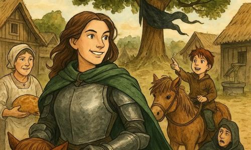 The female knight (about 25) stands in the foreground, determined and smiling, in matte brushed-steel armor with a flowing green cape, holding the bridle of a copper mare and a small brass tool at her belt; behind her a tousle‑haired boy (Pip, ~10) rides a small shaggy pony, eyes wide and pointing at a large central chestnut tree; to the left Marta (villager, ~40) with floury hands and a soiled white apron offers a large golden loaf, relieved, while a gray‑cloaked man (the Raven‑ring man, ~35) sits near the tree with a tangled black banner, surprised and annoyed; the rustic village square has packed‑earth ground, wooden thatch huts, baskets of grain and a stone well, with a half‑wrapped black banner on the chestnut—the knight has just saved the village, the banner darkening and falling, the boy having cut the rope, villagers gathered in a quiet, convivial victory; inked color style, clean lines, warm earthy palette, visible textures (wood, brushed metal, crumpled fabric), composition centered on the knight and chestnut tree.