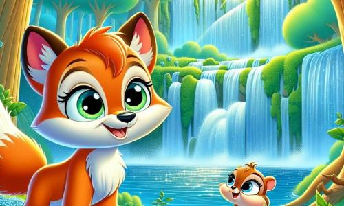 Um raposo travesso chamado Rique, com pelagem laranja brilhante e olhos cintilantes de curiosidade, está à beira de uma linda cachoeira, admirando um colar de pérolas cintilantes que brilha ao sol. Ao seu lado, seu amigo Tico, um pequeno esquilo de pelos marrons e cauda espessa, sobe em uma pedra, parecendo entusiasmado e pronto para ajudá-lo em sua busca. Ao fundo, a floresta encantada está cheia de árvores majestosas com folhas verdes vibrantes, enquanto flores azuis coloram o chão, criando uma atmosfera mágica. Rique e Tico estão procurando o colar de pérolas perdido, cercados pelo suave som da água corrente e o canto dos pássaros, simbolizando amizade e aventura.