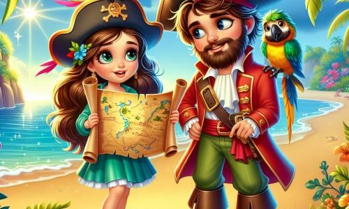 Marina, uma jovem exploradora com cabelos longos e ondulados, usa um chapéu de pirata decorado com penas coloridas. Com um olhar maravilhado e determinado, ela segura um mapa do tesouro nas mãos, em pé em uma praia de areia dourada. Ao seu lado, o Capitão Barba Suave, um homem na casa dos cinquenta anos com uma barba suave e um sorriso caloroso, observa o mar com curiosidade. Ele veste um manto de pirata vermelho e um tricorne, inclinado sobre o mapa, apontando um local específico com entusiasmo. Em seu ombro, Loro, o papagaio colorido, um pássaro com penas verdes e amarelas, olha ao redor com olhos travessos, pronto para contar uma nova história. O cenário é uma ilha mágica, com palmeiras majestosas, flores vibrantes e uma caverna misteriosa ao fundo, onde a luz brilha através da entrada. A cena principal mostra Marina e o Capitão Barba Suave descobrindo um tesouro escondido na caverna, cercados por uma aura de magia, enquanto se preparam para abrir um velho baú dourado cheio de cartas de amizade e aventuras.