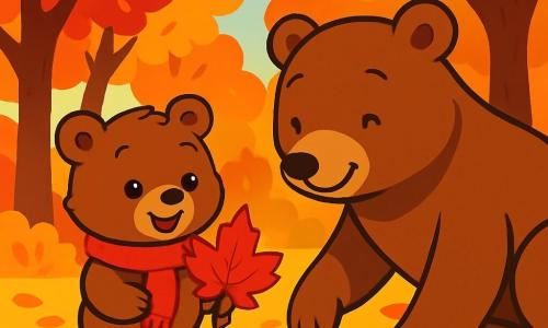 A little brown bear named Benny, with a sweet smile and sparkling eyes, stands in the middle of an autumn forest. He wears a bright red scarf and holds a large shiny red leaf in his paws. Next to him is his mom, a big bear with soft brown fur, smiling tenderly with love in her eyes as she picks up a golden leaf from the ground. The forest is filled with trees displaying vibrant leaves in shades of red, orange, and yellow. The ground is covered with crunchy leaves that crackle under Benny's paws. In this warm scene, Benny and his mom are collecting leaves to create a work of art, surrounded by the stunning beauty of autumn.