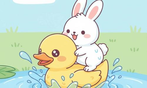 A bright yellow duck with a glossy orange beak and fluffy feathers, round sparkling eyes, looks joyful and mischievous as it swims in circles splashing; a white rabbit with long pink ears and slightly wet soft fur smiles widely, balancing mid-hop on the duck's back, leaning forward with hind legs up and centered for balance. The shallow pond has clear blue water with sunny reflections, round green lily pads, and bubbles and droplets around. Simple background of soft green grass and a pale blue sky with a small fluffy cloud. Playful, dynamic mood with motion shown by speed lines and shiny round splashes; bright contrasting colors, soft outlines, rounded shapes, composition centered on the duck-and-rabbit duo.