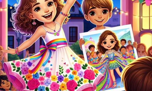 Clara, uma menina de 8 anos, tem cabelos cacheados e castanhos, olhos brilhantes de alegria e um grande sorriso que ilumina seu rosto. Ela está dançando com entusiasmo em um palco colorido, vestida com um vestido vibrante de estampas florais, simbolizando a alegria e a igualdade. Ao seu lado, Ana, uma menina de 7 anos, com cabelos longos e lisos, usa uma roupa de dança brilhante. Ela sorri e executa movimentos graciosos, acrescentando à energia alegre da cena. Pedro, um menino de 8 anos, está um pouco afastado, segurando lápis de cor e um grande desenho representando crianças de todos os gêneros brincando juntas. Ele observa Clara com admiração, pronto para compartilhar sua arte. O local é uma praça de vila animada, decorada com guirlandas coloridas e balões flutuantes. Crianças e adultos estão reunidos ao redor do palco, todos sorrindo e aplaudindo, criando uma atmosfera festiva e acolhedora. A situação principal mostra Clara e seus amigos celebrando a igualdade de gêneros durante um festival alegre, onde cada um expressa sua criatividade através da dança, do desenho e das histórias, unidos por uma mensagem de amizade e respeito.