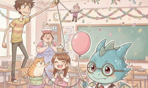 The main character is a small anthropomorphic plush dragon with shimmering teal scales, wearing a plaid vest and round glasses, curious and mischievous, holding a notebook and tugging a makeshift string; Benny, a tall skinny boy with messy brown hair, stands on a chair at left ready to jump for the piñata; Lila, a braided girl, balances a plate with a cupcake on her head while blowing up a balloon at center; Whiskers, a round ginger cat, perches on a hatbox nudging a garland; Madame Poppy, a warm, round teacher with a cupcake hat, claps by the blackboard. The colorful classroom has paper garlands, mobiles, tables with cupcakes, and a large ceiling lamp with a gold clip holding a star-shaped piñata; a DIY party contraption of ribbons, glued plates and an inflating balloon is unbalancing the clip so the piñata begins to come loose as confetti starts to fall, in warm light and pastel tones.