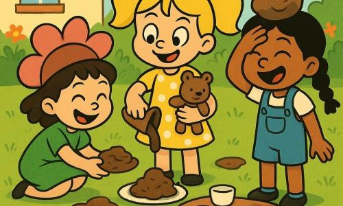 Są trzy postacie: Maja (6 lat) — blond w grubych kitkach, żółta sukienka w białe kropki, stoi na środku z małym misiem, przelewa „tort” z błota do talerzyka i uśmiecha się figlarnie; Zosia (5 lat) — krótkie brązowe włosy, duży różowy kapelusz-kwiat, zielona sukienka, kuca po lewej przy kupce błota, podaje „tort” żabie i śmieje się pokazując kapelusz na misiu; Nina (4 lata) — czarne włosy w warkoczu, niebieskie ogrodniczki, po prawej, ma kulkę błota jako „kapelusz”, trzyma dłoń przy czole i śmieje się, obok ma chusteczkę. Miejsce: słoneczny ogródek za domem, żywo zielona trawa, kolorowe poduszki na trawie, mały okrągły staw z zieloną żabą, niski drewniany stolik z papierowymi filiżankami i talerzykami, proste kwiaty w tle, ciepła pastelowa paleta. Sytuacja: przyjaciółki organizują „piknik dla żab” z błotnymi „ciasteczkami”, panuje radosna, życzliwa atmosfera, dynamiczna kompozycja, blisko siebie, szerokie uśmiechy, przyjazne gesty, styl kreskówkowy z grubymi konturami, elastycznymi kończynami, wyolbrzymionymi ekspresjami i naiwną, zaokrągloną fakturą błota.