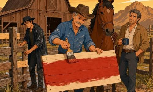 Un hombre, Tomás, rostro curtido, bigote fino y sombrero vaquero marrón, pinta una gran tabla de madera con una brocha ancha roja y traza letras blancas 