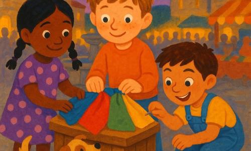 Un bambino di 8 anni, Matteo, viso rotondo con lentiggini, capelli castano chiaro spettinati, occhi grandi e curiosi, espressione gioiosa e timida, tiene delicatamente quattro pezzi di stoffa colorati (blu, rosso, verde, giallo) e li posa al centro di un piccolo podio di legno; una bambina di circa 8 anni, Sofia, capelli neri in due trecce, vestito a pois viola, sguardo concentrato e sorridente, sta a sinistra aiutando a tenere unite le stoffe; un altro bambino di circa 8 anni, Giacomo, capelli castani corti, salopette di jeans, atteggiamento vivace e malizioso, è a destra accovacciato a prendere una spilla; un cane piccolo, Poldo, pelliccia beige macchiata di marrone, scodinzola e si infila tra le gambe davanti al podio; la piazza del villaggio al crepuscolo con pietre antiche, una fontana tonda dietro il podio, panchine di legno, ghirlande e bandierine tra le case e bancarelle sfocate; i tre bambini uniscono i quattro pezzi di stoffa in cerchio sul podio, luce calda del tramonto, folla adulta sfocata che applaude, atmosfera di festa e aiuto reciproco, effetto gouache con pennellate morbide e colori saturi.