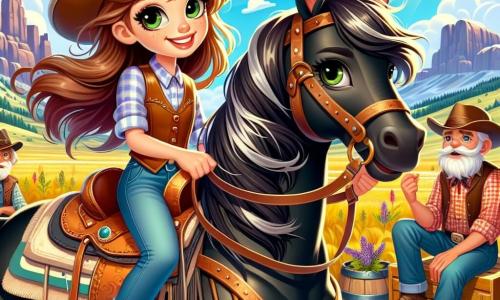 Clara, una giovane cow-girl di dodici anni, sta orgogliosamente sul suo cavallo Tornado, un magnifico destriero nero dai crini lucenti. Ha lunghi capelli castani che fluttuano nel vento e occhi verdi pieni di eccitazione e determinazione. Clara indossa un cappello da cowboy e un gilet di pelle, sorridendo con sicurezza, pronta ad affrontare l'avventura che l'attende. Vicino a lei, due vecchi cowboy, uno di circa sessant'anni con una barba grigia e un cappello usurato, discutono animatamente. L'altro, un uomo di una cinquantina d'anni, ha un viso segnato dal sole e indossa una camicia a quadri. Sono seduti su casse di legno, osservando Clara con ammirazione e condividendo storie della loro giovinezza. La scena si svolge in una vasta prateria dorata, punteggiata di fiori selvatici e circondata da maestose montagne in lontananza. Il cielo è di un blu splendente, punteggiato di nuvole bianche e il sole brilla intensamente, illuminando il paesaggio. Clara, piena di coraggio, si prepara a partire per l'avventura alla ricerca della leggendaria Valle Perduta, mentre i vecchi cowboy, testimoni della sua audacia, le offrono consigli e incoraggiamenti.