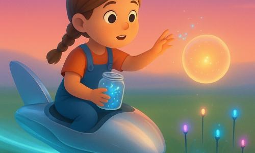 Lina, bambina di 8 anni dal viso rotondo e capelli castano chiaro in due trecce, espressione determinata e meravigliata, tiene un piccolo barattolo di vetro pieno di scintille blu da cui escono alcune faville; è seduta sulla sella di una grande macchina argentata fluttuante (l'Aratro d'Onde), veicolo liscio in metallo lucidato e vetro con lame d'aria traslucide che scivola sull'erba lasciando una scia luminosa; una sfera trasparente (la Stella-Seme) fluttua a pochi metri davanti a lei con una piccola luce dorata tremolante all'interno e Lina porge una mano per deporvi una scintilla blu, facendo brillare la sfera più intensamente; intorno, sensori-pali allineati come fiori metallici penetrano l'erba con piccole LED colorate, violette e blu vivo, formando un motivo circolare; il paesaggio è una vasta pianura di erba verde sotto un cielo crepuscolare rosa e blu con una lieve foschia argentata al suolo e la traccia ondosa della macchina visibile come una fascia luminosa coste sulla vegetazione; atmosfera science-fantasy che mescola trame organiche e superfici high-tech lucide, illuminazione morbida e magica, palette di blu, oro e verdi, ombre delicate, stile infantile ma dettagliato; primo piano sul barattolo e sulle scintille blu che fluttuano come piccoli farfalle di luce.