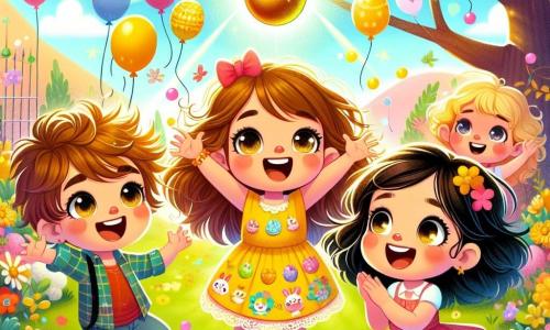 Una bambina di 6 anni, Sofia, con lunghi capelli castani e occhi brillanti di gioia, indossa un vestito giallo decorato con coniglietti. Sorride ampiamente, con le braccia alzate in segno di vittoria, tenendo un uovo d'oro lucente tra le mani, circondata da fiori colorati. Accanto a lei, il suo amico Luca, un ragazzo di 6 anni con capelli biondi disordinati e una camicia a quadri rossi, guarda l'uovo con meraviglia, gli occhi sgranati. Un po' più in là, Mia, una bambina di 6 anni con capelli neri e ricci, vestita con un abito rosa, applaude con entusiasmo, le guance arrossate dall'eccitazione. La scena si svolge in un giardino soleggiato, pieno di fiori multicolori e palloncini fluttuanti, con un grande albero dalle foglie dorate sullo sfondo, sotto il quale si nasconde l'uovo d'oro. Sofia e i suoi amici celebrano la loro scoperta magica dell'uovo d'oro, circondati da risate e gioia, pronti a iniziare la grande parata di Pasqua.