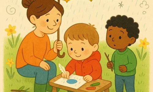 A calm, late-morning scene: a 4-year-old boy with short light-brown hair, round face and rosy cheeks sits on a small wooden bench in a bright red jacket and green boots, holding a small white feather in his left hand as he glues it and presses a blue thumbprint onto a sheet while a fine rain begins to sparkle on the leaves; nearby the teacher Ana (about 28, brown hair in a bun, gentle smile) stands holding a large yellow umbrella over them, a 5-year-old friend with curly black hair watches curiously from the right holding a twig, the park has a shiny green lawn dotted with yellow daffodils, a reflective puddle, twigs and a low wooden table strewn with leaves, pencils and a small paper bag, soft late-morning light, slightly wet ground, mist droplets in the air and doodled birds, clouds and hearts overlaid.