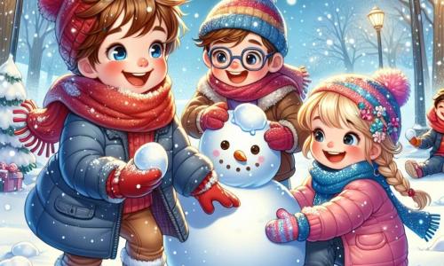 Un niño de 7 años, con el cabello castaño desordenado y mejillas sonrojadas por el frío, sonríe maravillado mientras sostiene una bola de nieve en sus manos. Lleva un gran abrigo azul, una bufanda roja y un gorro con pompón. A su lado, una niña de 8 años, con trenzas rubias y ojos brillantes, está haciendo una bola de nieve para construir un gran muñeco de nieve. Ella lleva un abrigo rosa y guantes coloridos. Otro niño de 7 años, con gafas y una sonrisa traviesa, está agachado preparando otra bola de nieve, listo para lanzar una batalla amistosa. El lugar es un parque invernal cubierto de un espeso manto de nieve brillante, con árboles cuyas ramas están cargadas de copos y un cielo azul claro salpicado de nubes esponjosas. La escena principal muestra a los tres niños jugando alegremente en la nieve, construyendo un muñeco de nieve mientras ríen y lanzan bolas de nieve entre ellos, creando una atmósfera de felicidad y amistad.