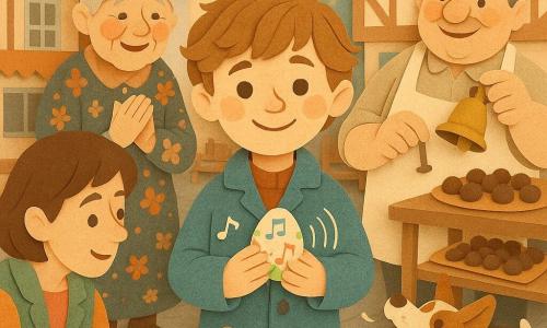 Miguel, menino de 10 anos, sorriso tímido e olhos brilhantes, veste um casaco azul desbotado e segura um pequeno ovo decorado com notas musicais; está no centro, concentrado e feliz, usando-o como instrumento. Atrás à esquerda, sua avó de cerca de 70 anos, cabelos grisalhos presos, vestido florido e mãos enrugadas, sorri com os olhos marejados. À direita, António, padeiro de cerca de 50 anos, rosto arredondado e avental enfarinhado, segura um pequeno sininho de latão; olha para Miguel com orgulho. À frente à esquerda, Sofia, professora de música de cerca de 30 anos, cabelo curto e jaqueta colorida, toca levemente um pequeno xilofone de madeira, com expressão doce e encorajadora. Um cão pequeno e malhado late alegremente junto às crianças. A praça da aldeia, pavimentada em pedras cinzentas, está decorada com guirlandas e bandeirolas em tons pastel, mesas com chocolates, lanternas e bancos de madeira, e casas coloridas em enxaimel enquadram a cena. A cena principal é um concerto improvisado de Páscoa: cada personagem contribui com um som — sino, xilofone, palmas, latido — enquanto o menino conduz a melodia com seu ovo musical; a atmosfera é quente, luminosa e festiva, em cores pastel suaves e silhuetas recortadas.