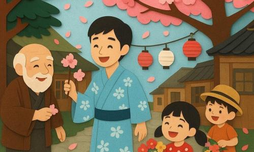 Un tânăr de circa 20 de ani, Haruki, zâmbind și fermecat, poartă un kimono pal-albastru cu motive florale albe, ține o ramură de cireș în floare și merge în centrul scenei; un bătrân de circa 70 de ani, bunicul satului, cu barbă albă, stă în umbra unui pin în stânga și îi întinde o floare lui Haruki; o fetiță de vreo 8 ani, cu cozi negre și rochie roșie cu buline, aleargă râzând spre prim-plan cu un buchet; un băiețel de vreo 6 ani, cu pălărie de paie, agață o ghirlandă de flori pe o lanternă de hârtie lângă o casă de lemn în spatele lui Haruki; decor: o stradă de sat japonez pavata cu case mici din lemn, un mare cireș în floare în centru, felinare de hârtie suspendate, ghirlande colorate și petale roz plutind în aer; situație: o sărbătoare caldă și animată a florilor, schimburi de flori și zâmbete, culori vii; stil vizual: contururi decupate, suprafețe plate suprapuse, paletă luminoasă și blândă, motive florale pe textile, textură vizibilă de hârtie și petale în mișcare.