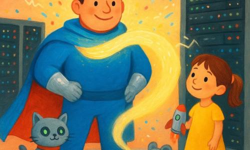 A reassuring smiling superhero man with a round face, soft eyes, bright blue cape and shiny silver gloves stands protectively in front of a row of glowing server units, holding a luminous scarf-forming bubble that shields them from a rain of colorful code flakes and static while a smiling 6-year-old brown-haired girl in a yellow dress holds a toy rocket at his right and a small green-eyed robot cat in a paint cart with a red ribbon mews at the foreground left; a cute round gray mouse-robot taps a glowing key on a floor cable; the server room is warm and cozy with pastel walls, clean floor, soft rug, black racks with flashing colored lights and gentle confetti-like sparks, in a childlike gouache style with soft lines, round shapes, warm colors and reassuring atmosphere.