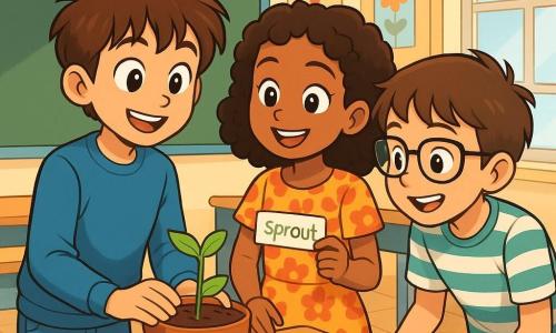 A 10-year-old boy, Milo, with messy brown hair and sparkling curious eyes, stands proudly in front of a small green plant named Sprout, smiling. He wears a blue sweater and jeans with a patch on the knee, his hands gently resting on the pot. Next to him, Aisha, a 10-year-old girl with curly hair and a colorful dress, encourages him with a big smile, holding a small paper tag to mark the plant. Tom, a 10-year-old boy with glasses and a striped t-shirt, leans in to observe the plant with interest, his eyes shining with excitement. The scene takes place in a bright classroom filled with colorful posters on the walls, wooden desks, and windows letting in sunlight that illuminates the blackboard. On the desk, flower pots and gardening tools are scattered, adding a touch of greenery to the environment. The main situation shows Milo proudly sharing his gardening experience with his classmates, explaining how he took care of Sprout, while his friends listen attentively, creating an atmosphere of support and joy.