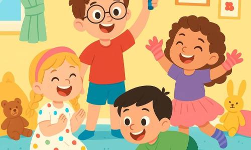 There are 4 children: Max, a 6-year-old boy with messy brown hair and round glasses, wearing a red t-shirt and blue shorts, stands in the center holding a pencil in the air with a big smile. Mia, a 5-year-old girl with braided blonde hair and a cute pink headband, wears a colorful polka-dot dress and is sitting on the carpet, laughing and clapping. Leo, a 5-year-old boy with black hair and freckles, wears a green t-shirt and shorts, crawling on all fours, pretending to be a dog with socks on his hands, wagging his behind. Lily, a 6-year-old girl with curly brown hair and a bright smile, wears a purple t-shirt and a tulle skirt, dancing amusingly next to Mia with socks on her hands. The setting is a bright children's room with a large fluffy blue rug, pastel yellow walls, and colorful toys scattered around, featuring animal-shaped cushions and drawings on the wall. The main scene shows the children having fun together, laughing heartily, with socks on their hands and dancing joyfully, creating an atmosphere of happiness and camaraderie.