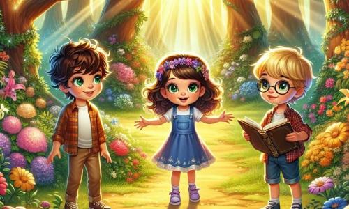In a sunny clearing, three children stand together, surrounded by colorful flowers and majestic trees. Oliver, a 10-year-old boy with messy brown hair and sparkling green eyes, is on the left, enthusiastically pointing at a mysterious path leading into the forest. Mia, a 9-year-old girl with large brown curls and round glasses, is in the center, her eyes wide with wonder, holding an open book as if sharing a magical story. Leo, a 10-year-old boy with blonde hair and a bright smile, is on the right, arms crossed, showing a determined expression, ready to venture into the forest. The enchanted clearing is bathed in golden light, with sun rays filtering through the leaves, creating dancing patterns on the ground. Multicolored flowers with bright petals surround the children, while a gentle breeze rustles the leaves, adding a touch of magic to the atmosphere. The main scene shows the children preparing to enter the mysterious forest, their faces full of excitement and apprehension, standing before an ancient stone arch covered in vines, ready to discover the secrets of the forest and ask questions to the great Tree of Wisdom.