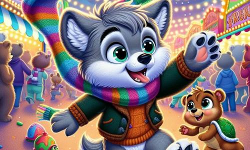 A little wolf named Wally, with soft gray fur, wears a colorful scarf knitted by his grandmother. He has big curious eyes filled with wonder as he joyfully runs through the carnival crowd, trying to catch his flying scarf. Next to him, Benny the Bear, a brown bear with round friendly eyes, looks at Wally with a worried expression, his large paws raised as if to help. Tilly the Turtle, with her green shell and mischievous little eyes, stands a bit back, smiling and encouraging Wally to keep running. The setting is a vibrant carnival filled with bright colors: candy stalls, floating balloons, and twinkling lights illuminating the twilight sky. Various animals move joyfully around, creating a festive and magical atmosphere. The main scene shows Wally running with his ears in the wind, while his colorful scarf flies behind him, symbolizing adventure and the joy of discovering the carnival.