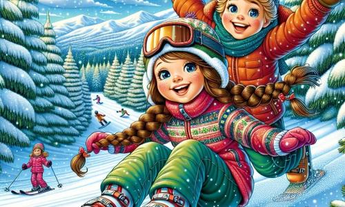 An 11-year-old girl with long braided brown hair and rosy cheeks smiles in wonder as she slides down a snowy slope, dressed in a colorful ski suit and a woolen hat. Next to her, a 12-year-old boy with messy blonde hair and a red jacket encourages her by raising his arms, his face lit up by a big smile. In the background, a forest of majestic snow-covered fir trees stretches under a clear blue sky dotted with fluffy clouds. The scene depicts a joyful ski day at Winter Haven, where children are having fun racing down the snowy slopes, filled with laughter and excitement.