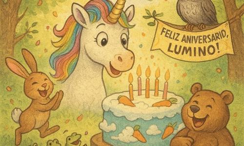 O personagem principal é um unicórnio idoso chamado Lumino, com expressão alegre, crina multicolorida brilhante, pelo branco nacarado e olhos doces, inclinado para soprar as velas de um bolo enorme; à esquerda um coelho Pulo de orelhas rosadas e pelo caramelo aplaude saltitando, à direita uma coruja sábia Sabi de olhos âmbar segura uma faixa cintilante 