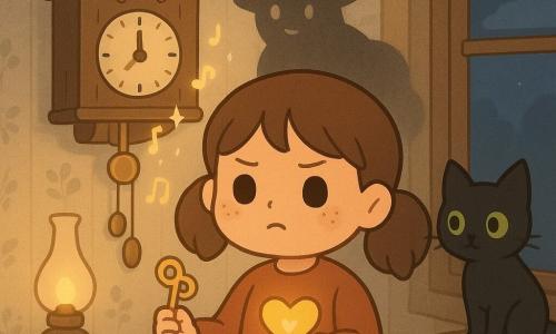 O fetiță de 8 ani cu fața rotundă, pistrui, părul brun în cocuri, ochi curioși și curajoși și o expresie hotărâtă, ușor îngrijorată, ține o mică cheie și o rotiță-inimă strălucitoare în fața unui carillon de lemn spart; motan negru numit Tăciune, cu blana lucioasă și ochi verzi vii, stă pe pervazul ferestrei din dreapta ca un tovarăș vigilent, iar o siluetă-Umbră cu o pălărie înaltă, formă de nor și contururi de cerneală plutește pe perete în spatele carillonului ca o gardiană misterioasă, într-un coridor de casă veche cu parchet trosnind, tapet floral îmbătrânit, o lampă cu ulei pe o consolă care aruncă lumină caldă și umbre lungi și o fereastră spre o noapte albastră și cețoasă; fetița tocmai a pus rotița-inimă în carillonul stricat, se văd mecanismul interior aurit și clopoțeii, iar melodia care pornește e sugerată prin note luminoase moi — atmosferă de basm, ușor înfricoșătoare dar tandră, culori calde pentru fetiță și carillon, tonuri albastre și gri pentru umbră și noapte.