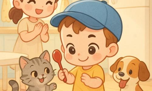 A 2-year-old boy with a round face and rosy cheeks holds a small shiny red spoon, wearing an oversized blue cap, yellow short-sleeve t-shirt and green shorts, smiling shyly at the spoon; his mother (about 30, brown hair in a ponytail, soft eyes, pale simple dress) stands behind him on the left clapping warmly; a gray tabby cat named Nini is on its hind legs, muzzle open as if it just dropped the spoon, fur soft and mischievous; a brown spotted dog named Bongo sits by a blue bowl with its tongue out, looking joyfully at the boy; the scene is a tender, quiet moment of Milo reclaiming the spoon in a bright pastel kitchen with light wood floor, white low table, white fridge and a small trail of drawn water drops on the floor, morning light through a polka-dot curtain, rendered in chibi kawaii style with rounded features, vivid pastel colors, smooth textures, centered composition and exaggerated adorable expressions.