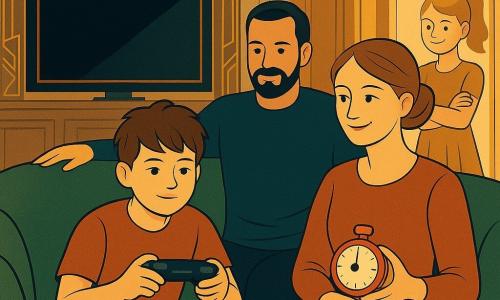 Ein etwa 12-jähriger Junge mit rundem Gesicht und zerzausten braunen Haaren, konzentriert und gelassen, drückt die Pause-Taste an einem schwarzen Gamepad; die Mutter (ca. 35–40 Jahre) mit hellbraunen Haaren im Dutt lächelt fürsorglich und hält einen roten Timer neben einem Teller Apfelschnitze; der Vater (ca. 35–45 Jahre) mit kurzem Bart und ruhiger, stolzer Haltung sitzt neben dem Jungen und legt die Hand an die Sofalehne, er trägt einen marineblauen Pullover; die etwa 10-jährige Schwester mit blonden Pferdeschwanz und schelmischem Lächeln steht in der Tür mit verschränkten Armen; Ort: ein helles Wohnküchenzimmer im Art‑Déco‑Stil mit grünem Samtsofa, dunklem Holztisch, großer TV‑Leinwand mit goldenen geometrischen Ornamenten und senffarbenen Vorhängen, warme Lichtstimmung; Szene: der Junge pausiert, der Timer piept leise, die Familie sieht ihn stolz und liebevoll an, zentrale Komposition, warme Farben und grafische Kontraste im Art‑Déco‑Stil.